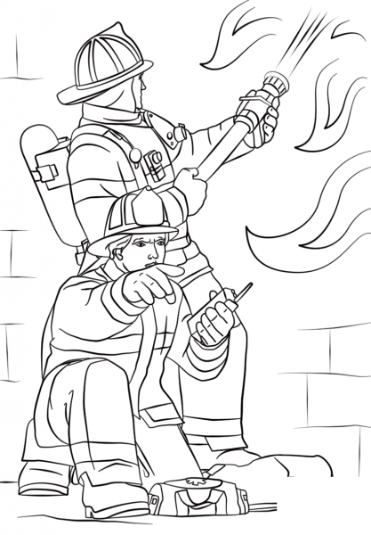Firefighters at Work coloring page image