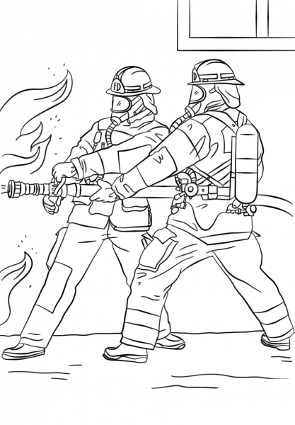Firefighters Spraying Water coloring page image