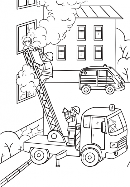 Fireman is Climbing up the Truck Ladder to Save a Girl coloring page image