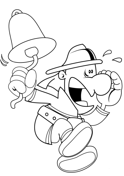 Fireman Ringing a Bell coloring page image