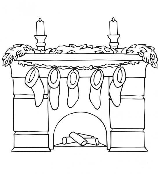 Fireplace with Mantel Holding Christmas Stockings  coloring page image