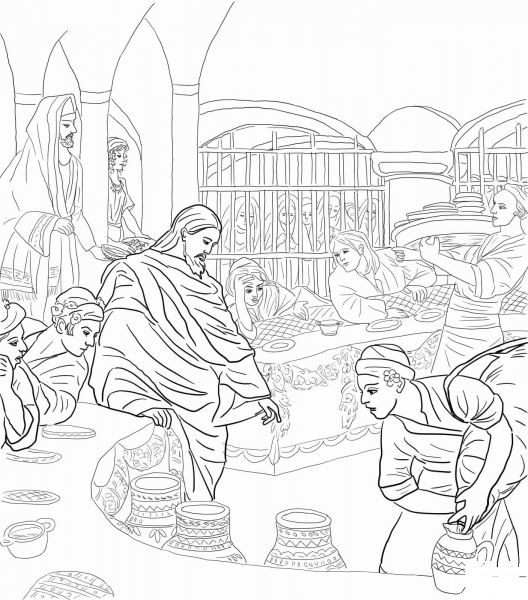 First Miracle of Jesus at the Wedding Feast at Cana  coloring page image