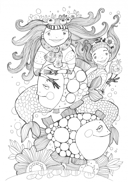 Fish and Mermaids coloring page image