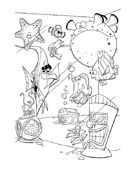 Fish in the tank coloring page image