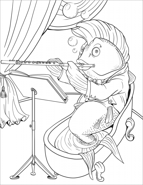 Fish Playing the Flute coloring page image