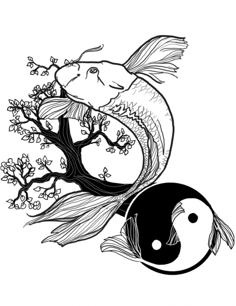 Fish Yin and Yang Tattoo coloring page image