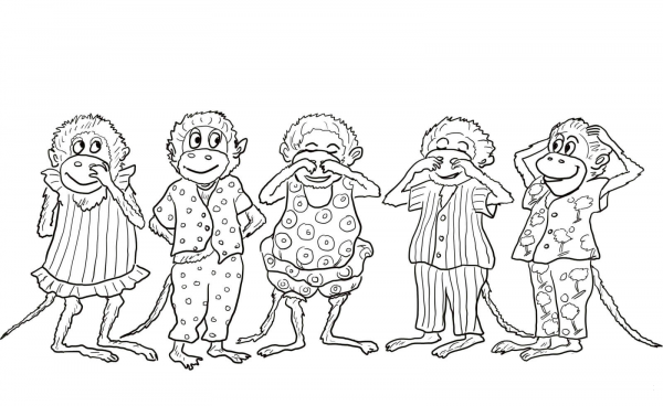 Five Little Monkeys Jumping on the Bed coloring page image