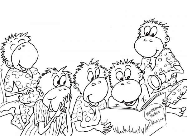 Five Little Monkeys Reading in the Bed coloring page image