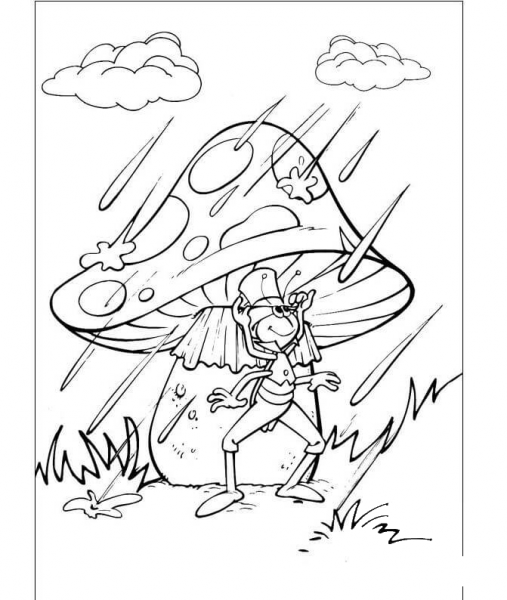 Flip Under The Mushroom In The Rain  coloring page image