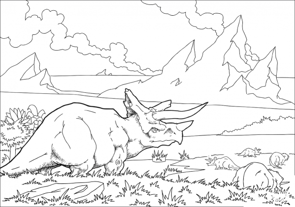 Flock of Triceratops coloring page image