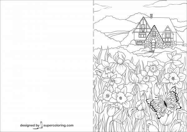 Flowers Counry Home and Butterflies in Spring Card coloring page image