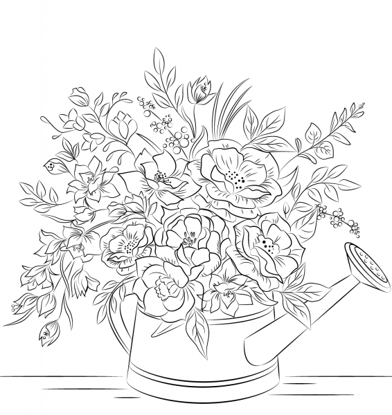 Flowers in Watering Can coloring page image