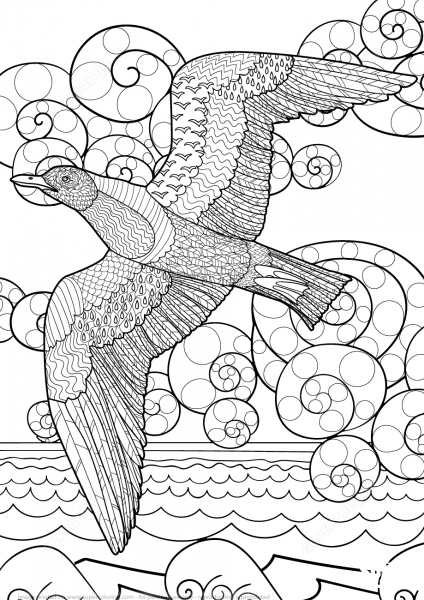 Flying Seagull and Ocean Zentangle coloring page image