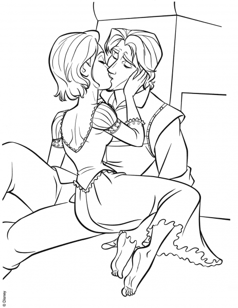 Flynn and Rapunzel are Kissing coloring page image
