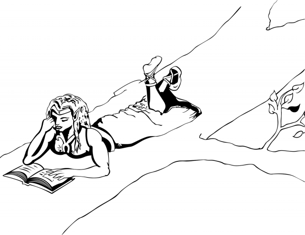 Forest Elf Reads Book on a Branch coloring page image