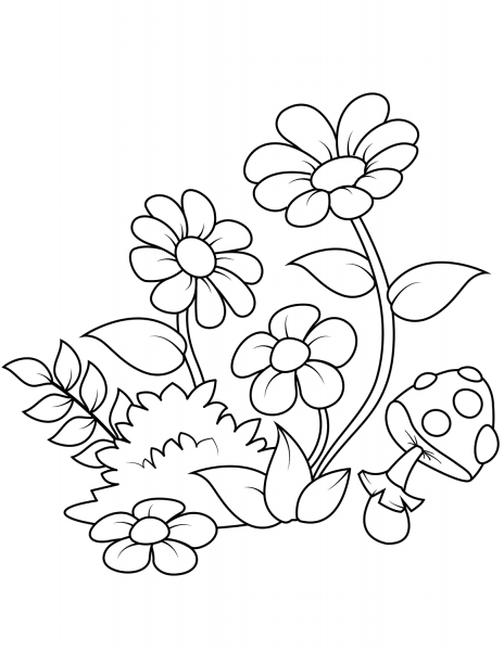 Forest Flowers and Fly Agaric coloring page image