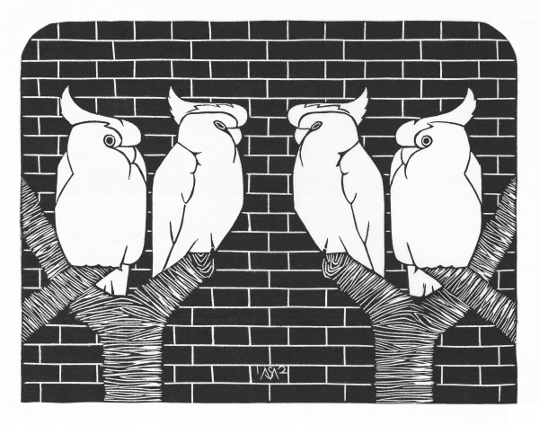 Four Crowned Cockatoos coloring page image