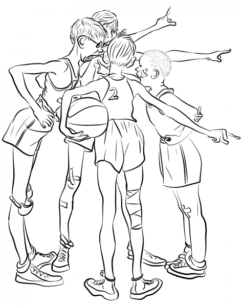 Four Sporting Boys: Basketball by Norman Rockwell coloring page image