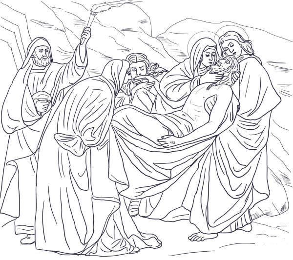 Fourteenth Station Jesus is Laid in the Tomb coloring page image