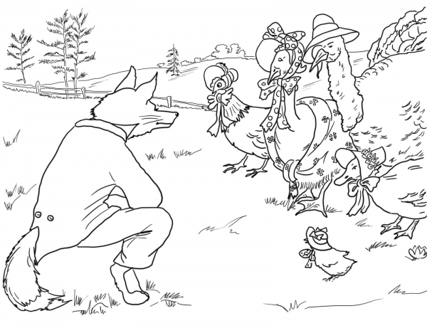Fox Invites Birds to It’s Lair coloring page image