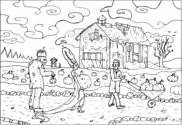 Frankenstein Harvests Pumpkins coloring page image