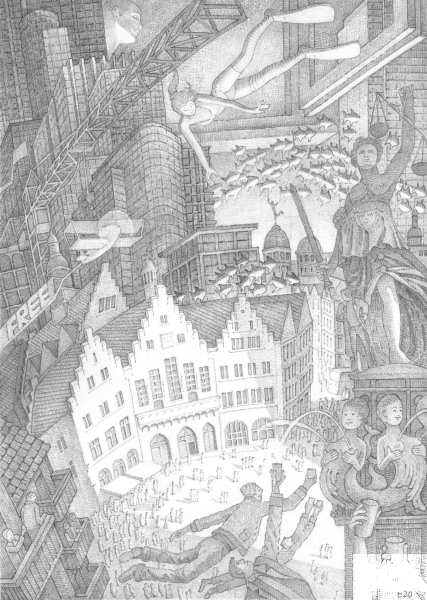 Frankfurt City Hall and Justitia Fountain coloring page image