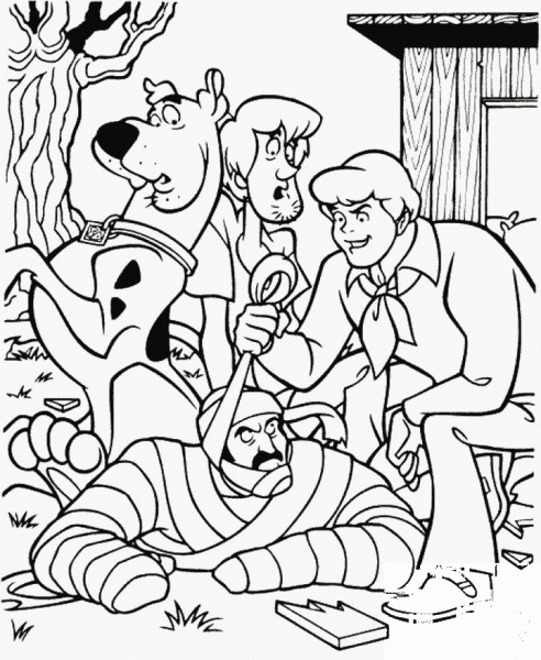 Fred, Shaggy and Scooby found the mummy coloring page image