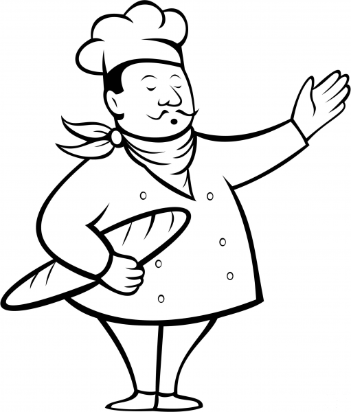 French Chef Holding a Baguette coloring page image