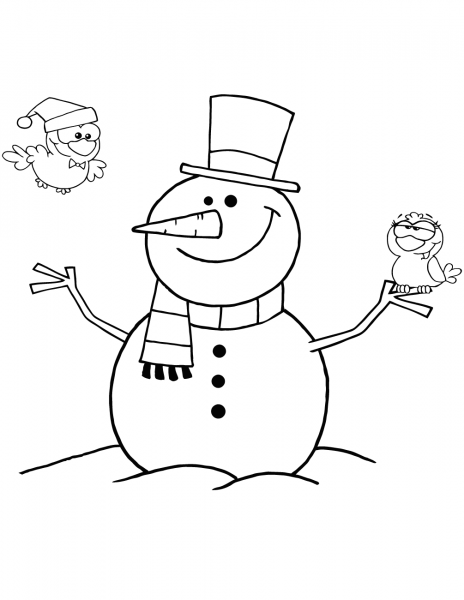 Friendly Snowman with a Cute Birds coloring page image