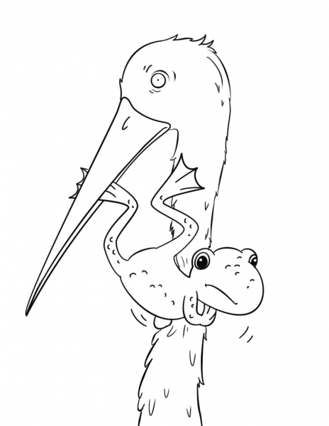 Frog Escaping from Stork Mouth coloring page image