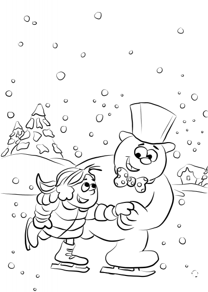 Frosty and Karen are Ice Skating on Lake coloring page image