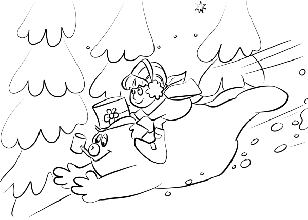 Frosty and Karen Slide down a Snowy Hill coloring page image
