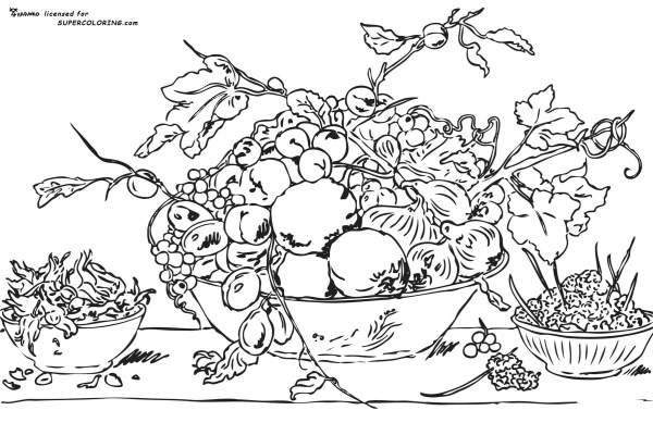 Fruits in a Bowl on a Red Tablecloth by Frans Snyders  coloring page image