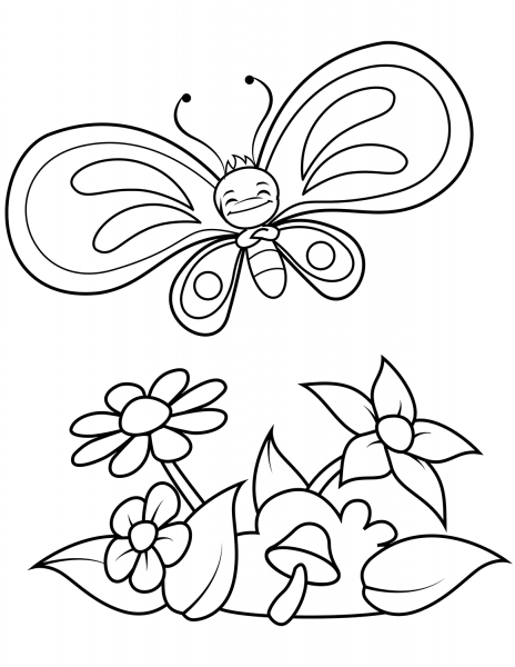 Funny Butterfly Boy Flies over Flowers and Mushroom coloring page image