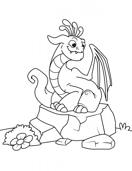 Funny Dragon Sitting on Stone coloring page image