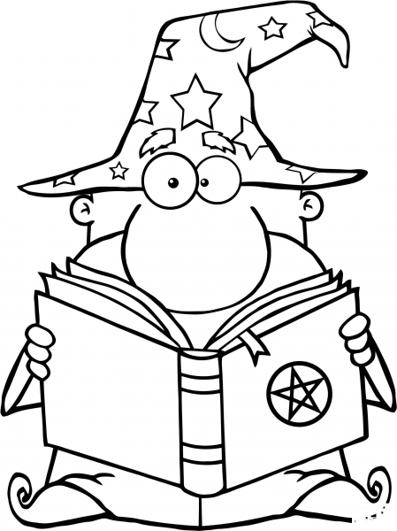 Funny Wizard Holding a Magic Book coloring page image