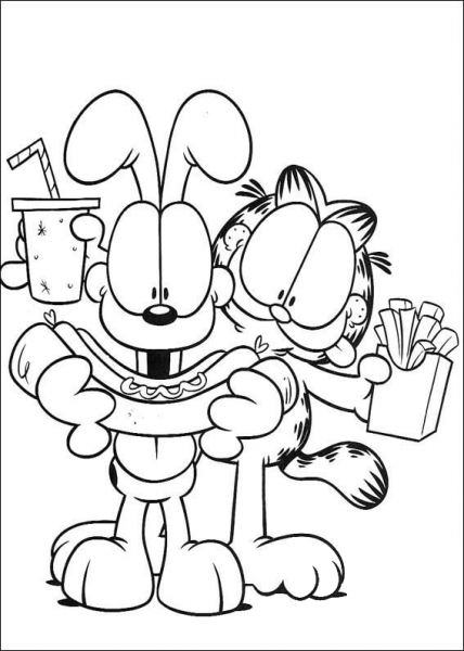 Garfield And Oddie Are Eating  coloring page image