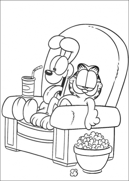 Garfield and Oddie are Watching TV while eating Pop Corn  coloring page image