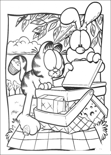Garfield And Oddie on a Picnic  coloring page image