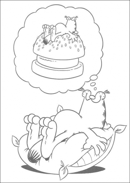Garfield is dreaming of hamburger  coloring page image