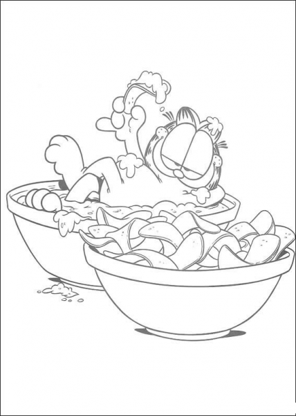 Garfield is eating Potato Chips  coloring page image