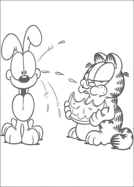 Garfield is eating watermelon  coloring page image