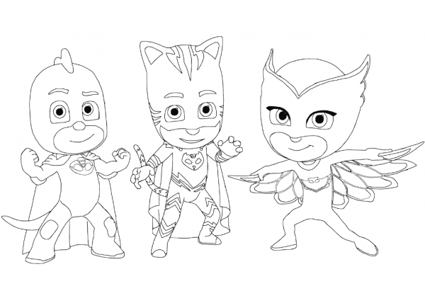 Gecko, Catboy and Owlette coloring page image