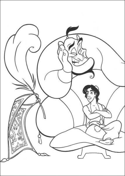 Genie, Magic Carpet And Aladdin  coloring page image