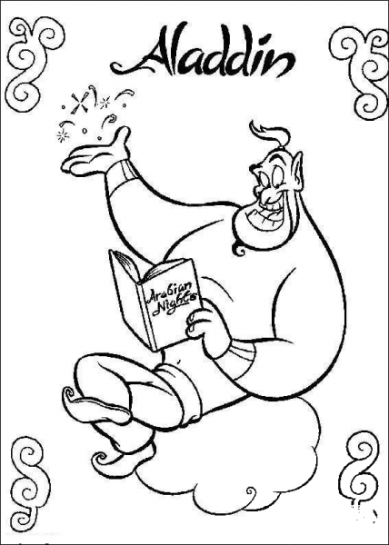 Genie reading the book coloring page image