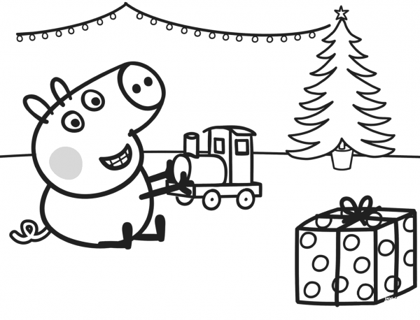 George Plays with Xmas Train coloring page image