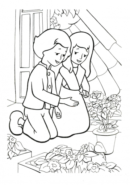 Gerda And Kai Are in the garden coloring page image