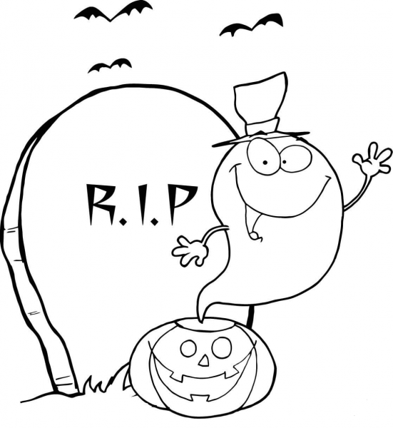 Ghost Waving from Pumpkin near Tombstone and Bats coloring page image