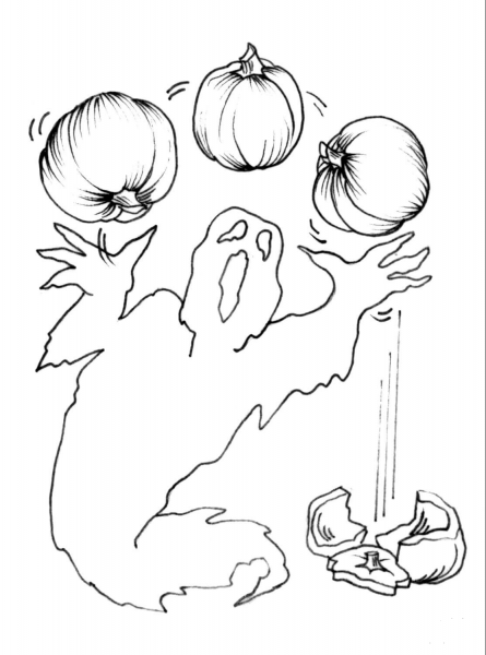 Ghost with Halloween Pumpkins coloring page image