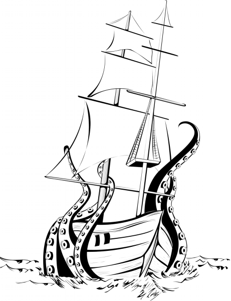 Giant Octopus Attacks Ship coloring page image